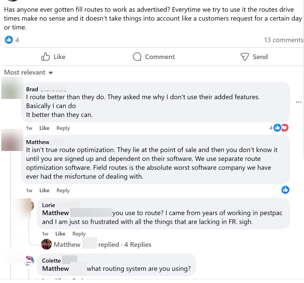 Facebook group post about FieldRoutes route optimization failures