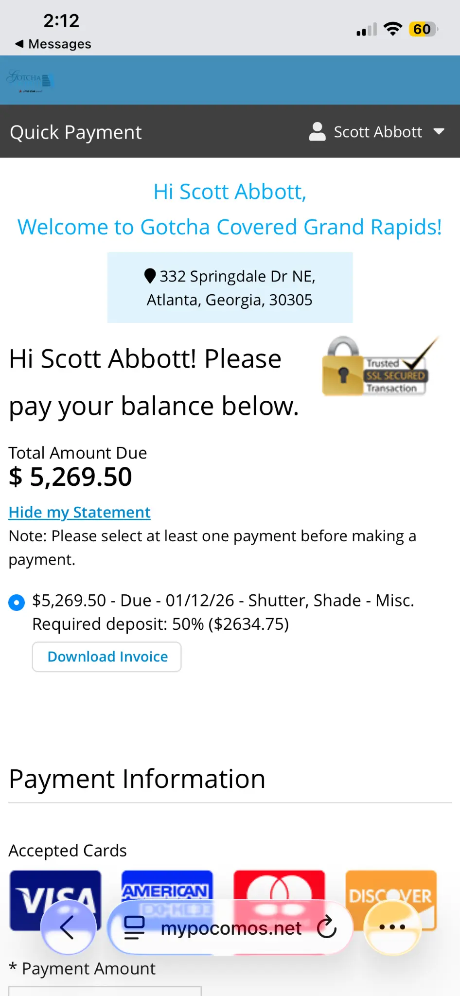 Pocomos online payment screen showing balance due and payment form