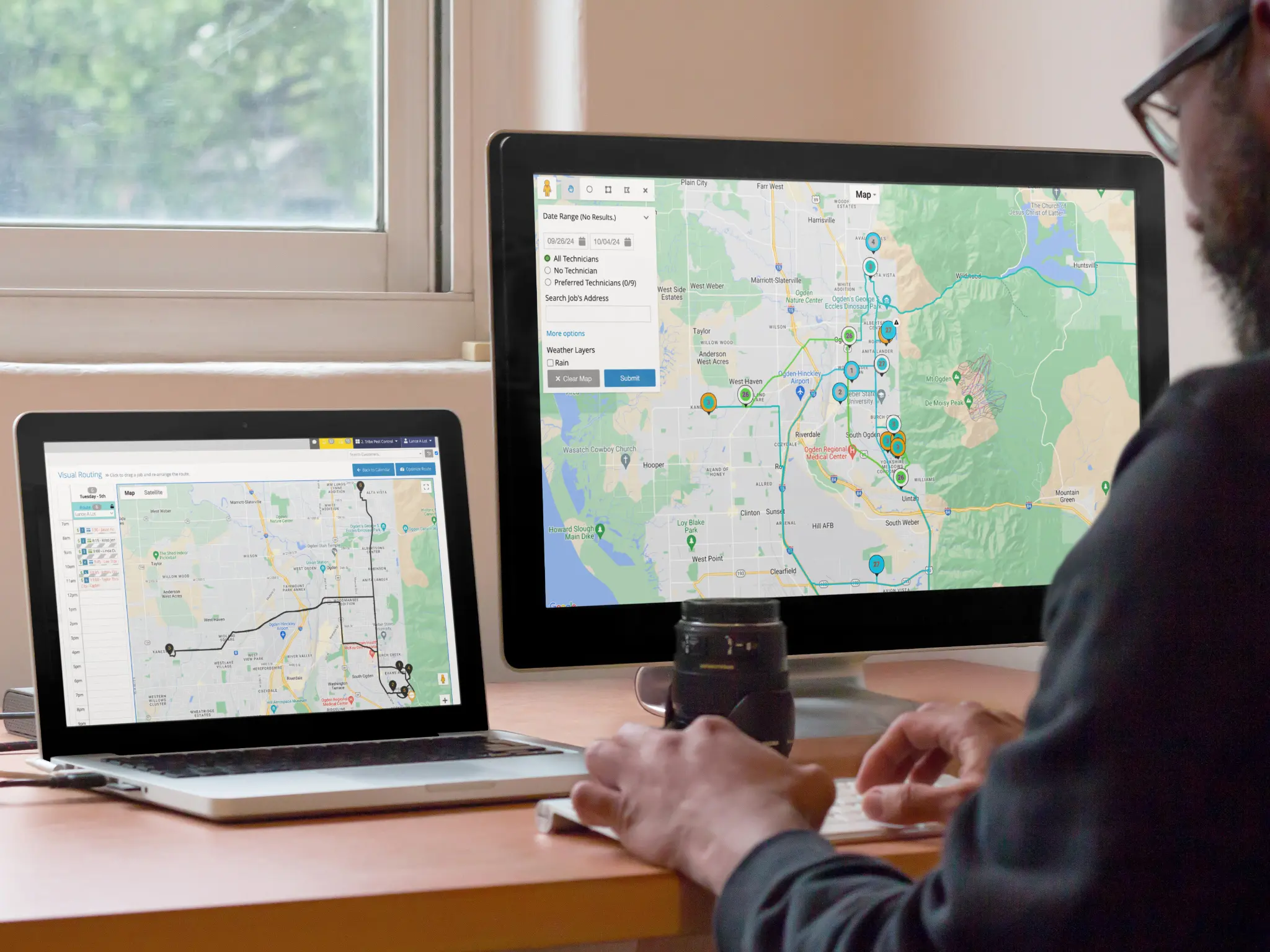 Pocomos Visual Routing showing drive times on map